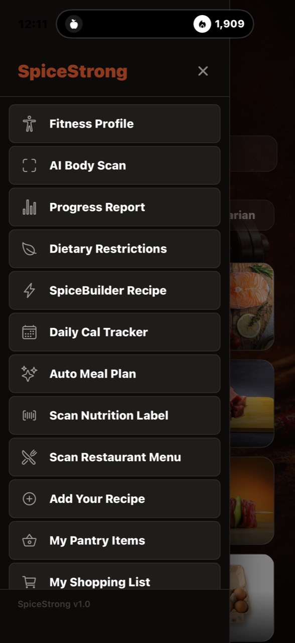 SpiceStrong App Menu